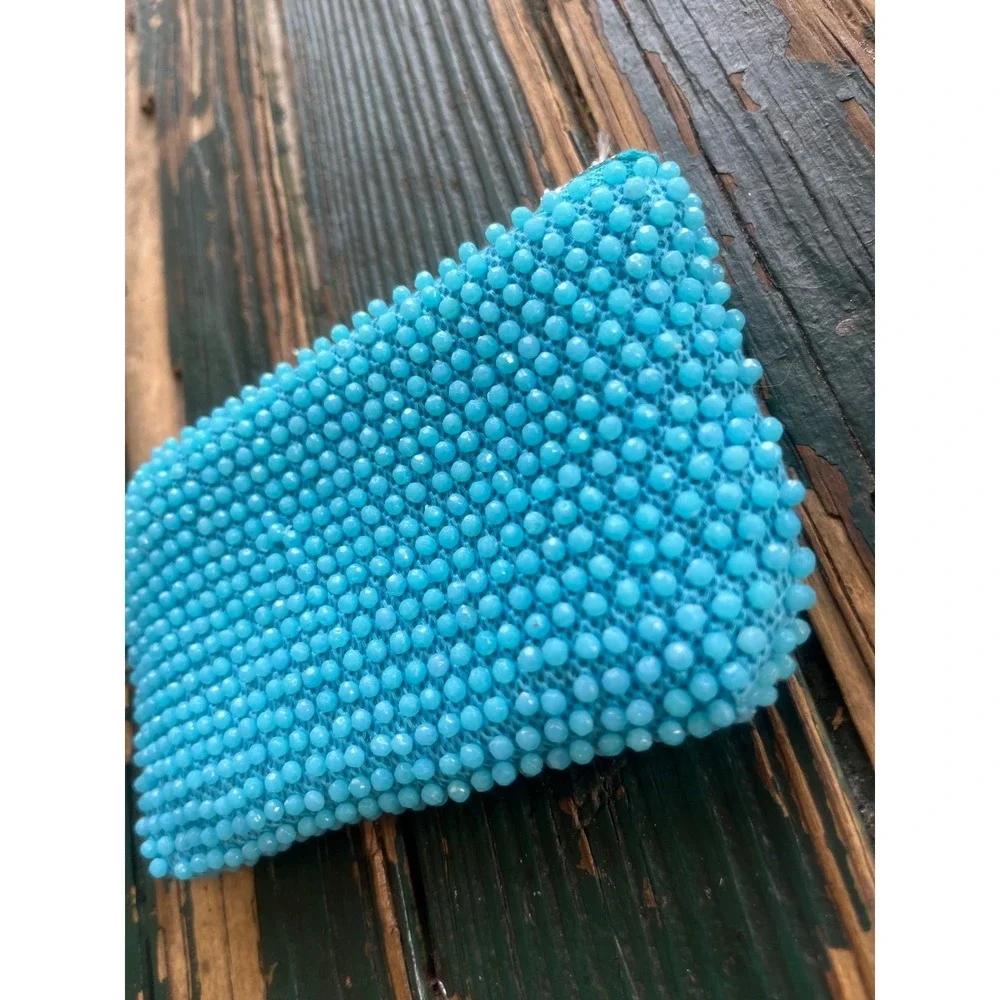 Vintage Turquoise Blue Beaded Zipper Pouch Set Coin‎ Purse Makeup Bag 2pc